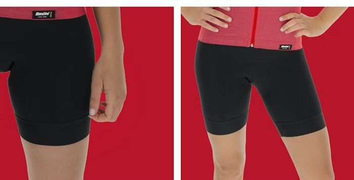 Close-up and Full View of Women's Black Cycling Shorts with Red Jersey on Red Background