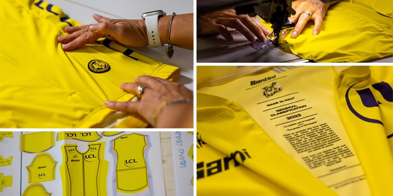 Collage of images showing the making of the Tour de France yellow jersey, including hands sewing the fabric, close-ups of the jersey details, and the design layout.