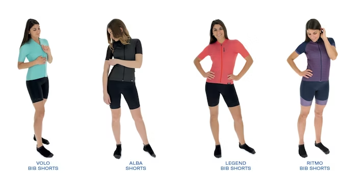 Cycling Shorts Collection - Volo Bib Shorts, Alba Shorts, Legend Bib Shorts, and Ritmo Bib Shorts Modeled