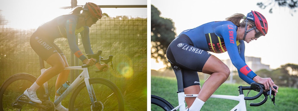 Cyclist wearing a LA Sweat team kit riding a bicycle in a grassy area, with sunlight filtering through (left) and the same cyclist in the same kit riding in a park (right).